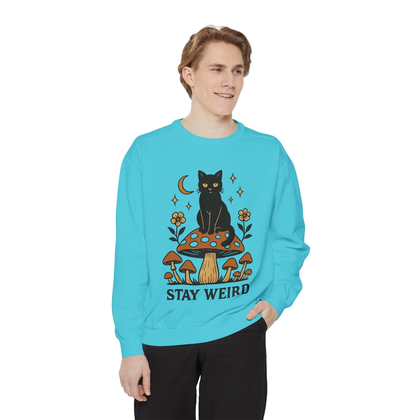 Stay Weird Cat Sweatshirt | Unisex Garment-Dyed Pullover | Boho Witchy Aesthetic | Cozy Casual Wear & Cat Lover Gift