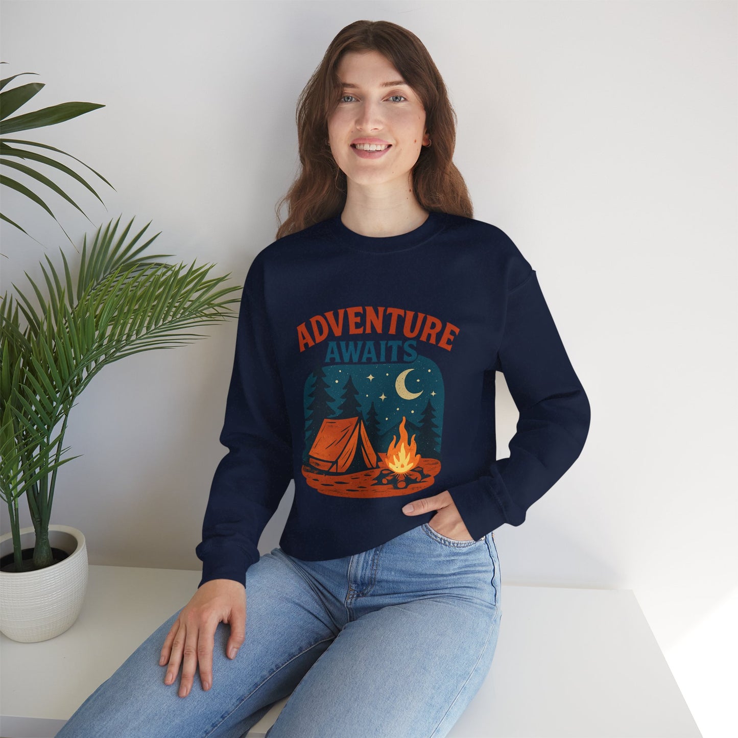 Adventure Awaits Sweatshirt, Cozy Camping Gear, Unisex Crewneck Pullover, Outdoor Adventure Apparel, Gift for Travelers