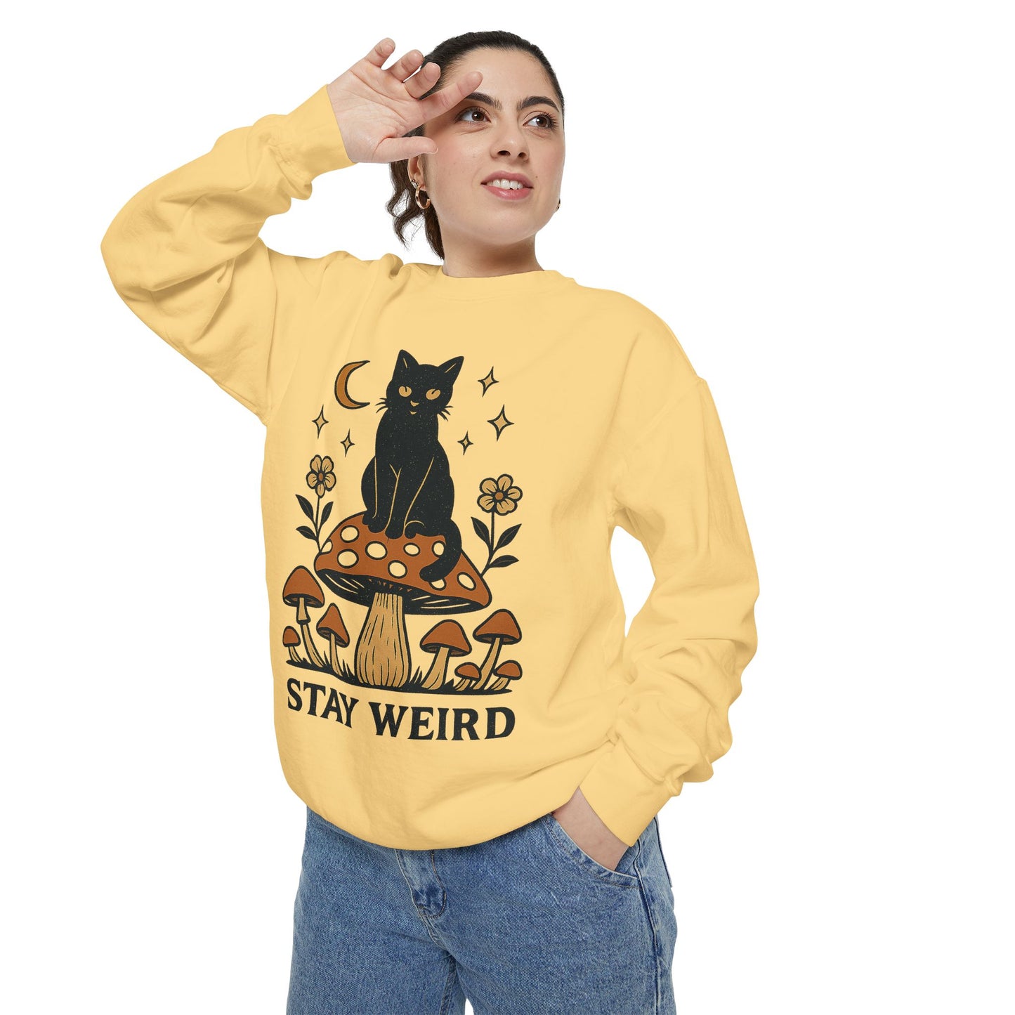 Stay Weird Cat Sweatshirt | Unisex Garment-Dyed Pullover | Boho Witchy Aesthetic | Cozy Casual Wear & Cat Lover Gift