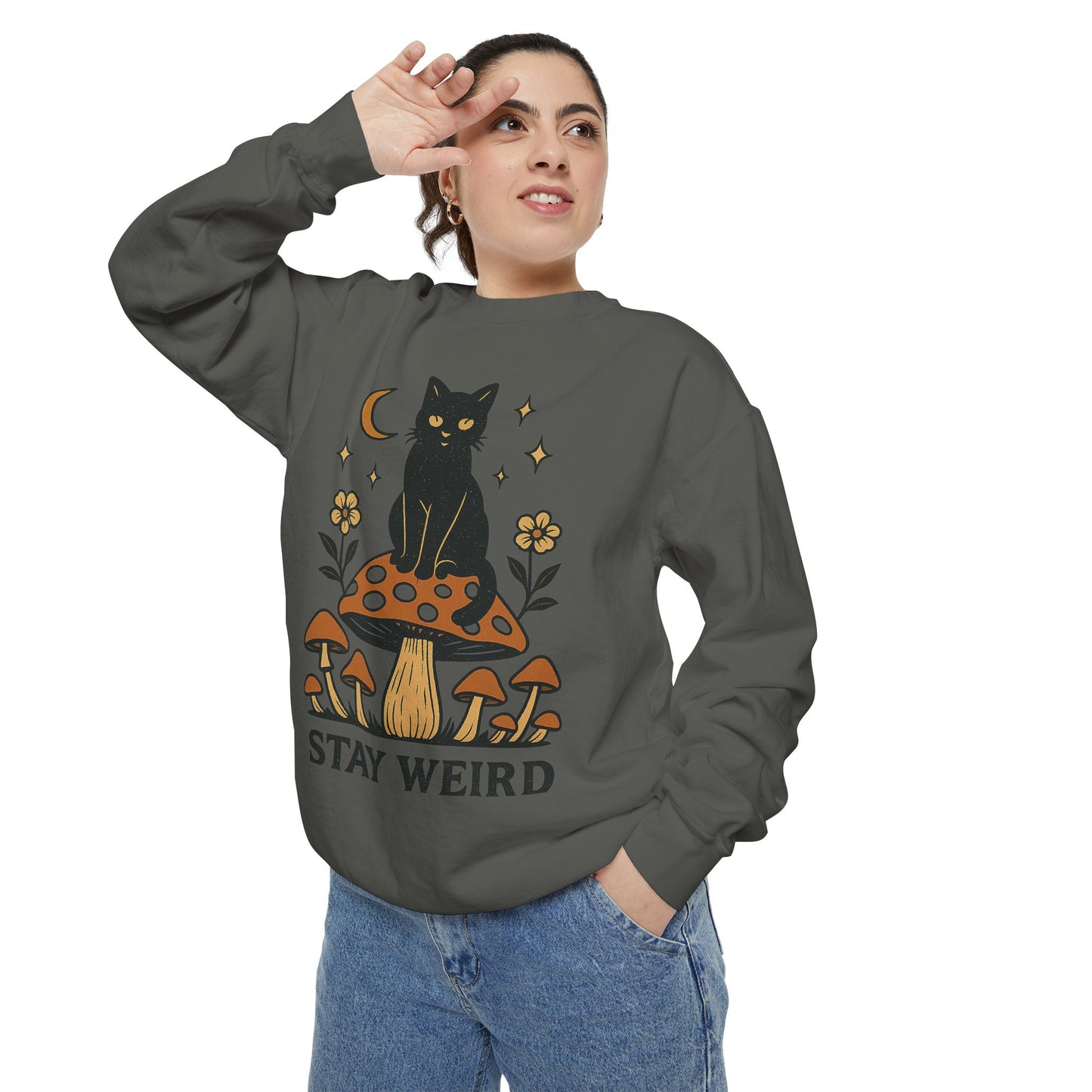 Stay Weird Cat Sweatshirt | Unisex Garment-Dyed Pullover | Boho Witchy Aesthetic | Cozy Casual Wear & Cat Lover Gift