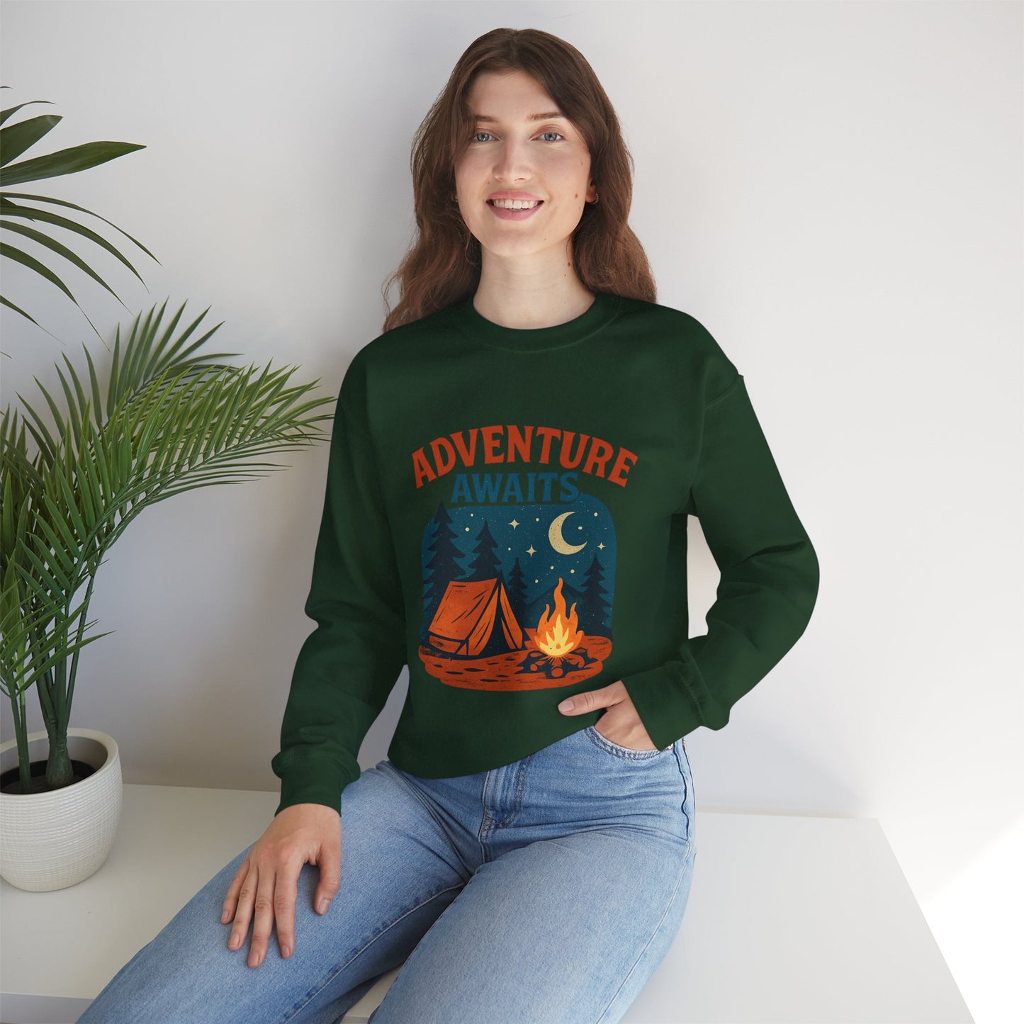 Adventure Awaits Sweatshirt, Cozy Camping Gear, Unisex Crewneck Pullover, Outdoor Adventure Apparel, Gift for Travelers