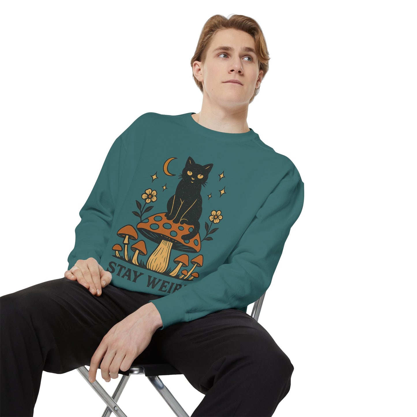 Stay Weird Cat Sweatshirt | Unisex Garment-Dyed Pullover | Boho Witchy Aesthetic | Cozy Casual Wear & Cat Lover Gift