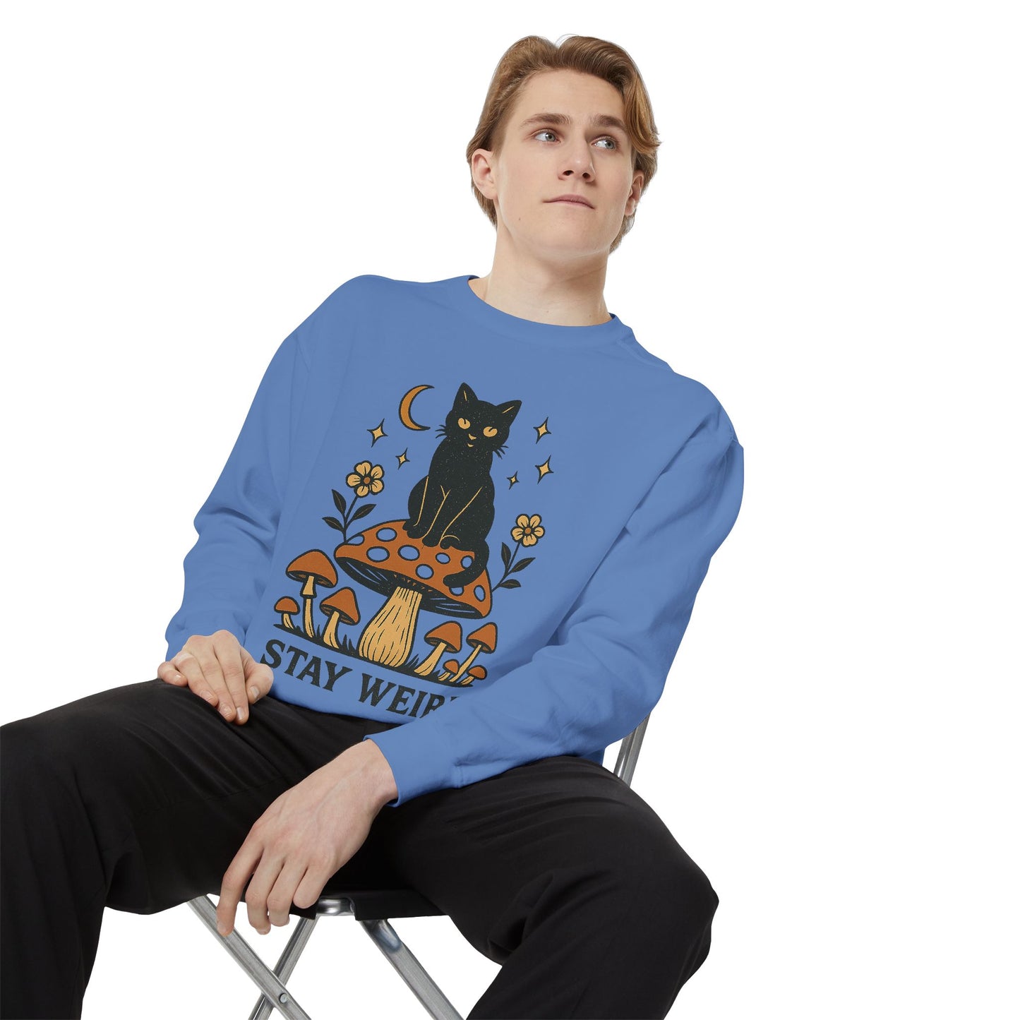 Stay Weird Cat Sweatshirt | Unisex Garment-Dyed Pullover | Boho Witchy Aesthetic | Cozy Casual Wear & Cat Lover Gift