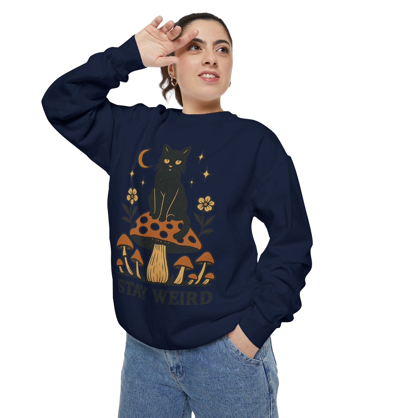 Stay Weird Cat Sweatshirt | Unisex Garment-Dyed Pullover | Boho Witchy Aesthetic | Cozy Casual Wear & Cat Lover Gift
