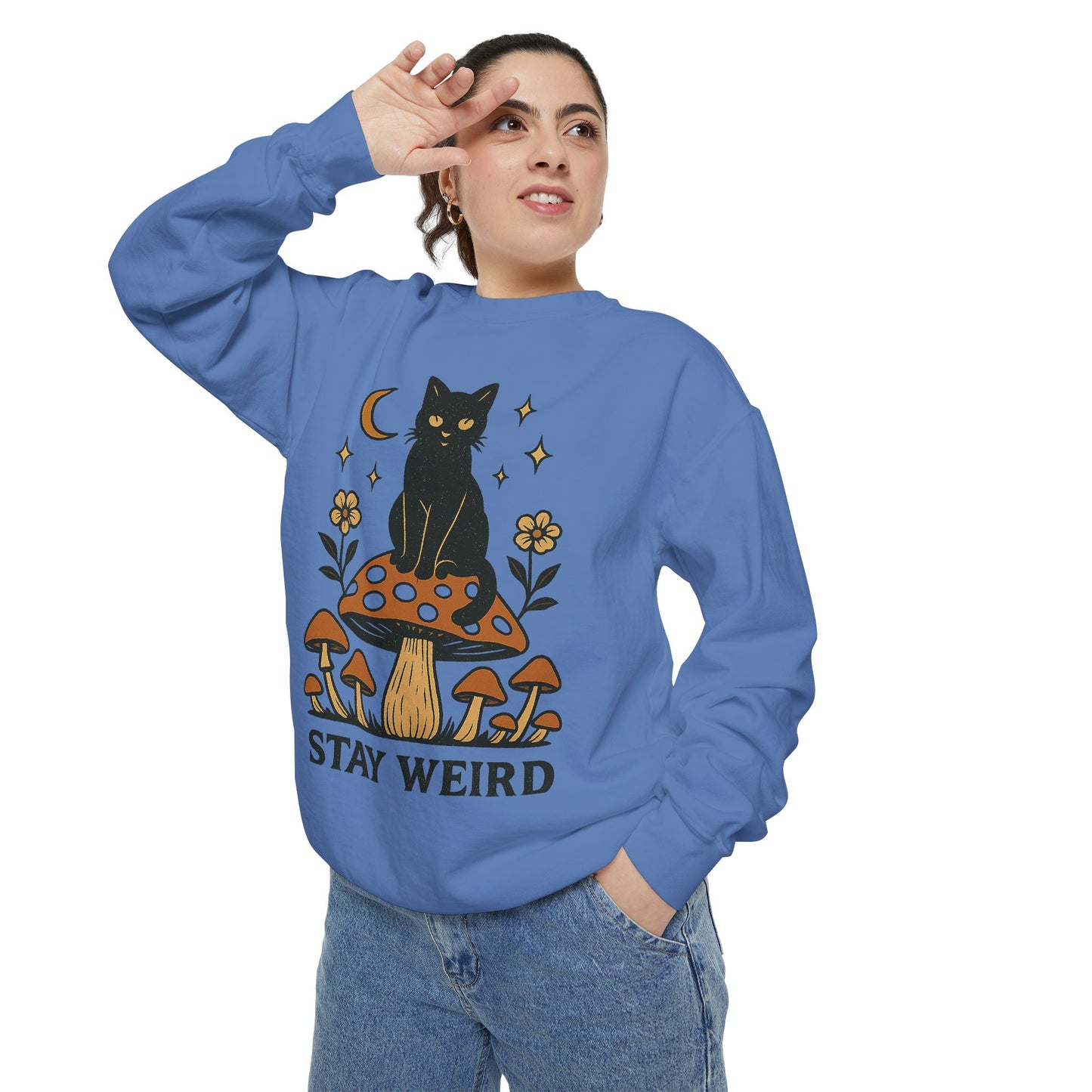 Stay Weird Cat Sweatshirt | Unisex Garment-Dyed Pullover | Boho Witchy Aesthetic | Cozy Casual Wear & Cat Lover Gift