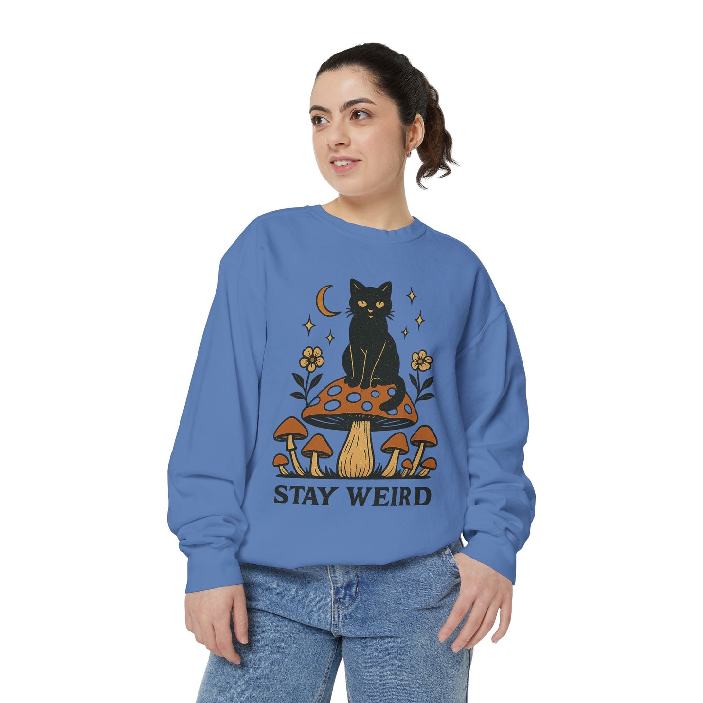Stay Weird Cat Sweatshirt | Unisex Garment-Dyed Pullover | Boho Witchy Aesthetic | Cozy Casual Wear & Cat Lover Gift