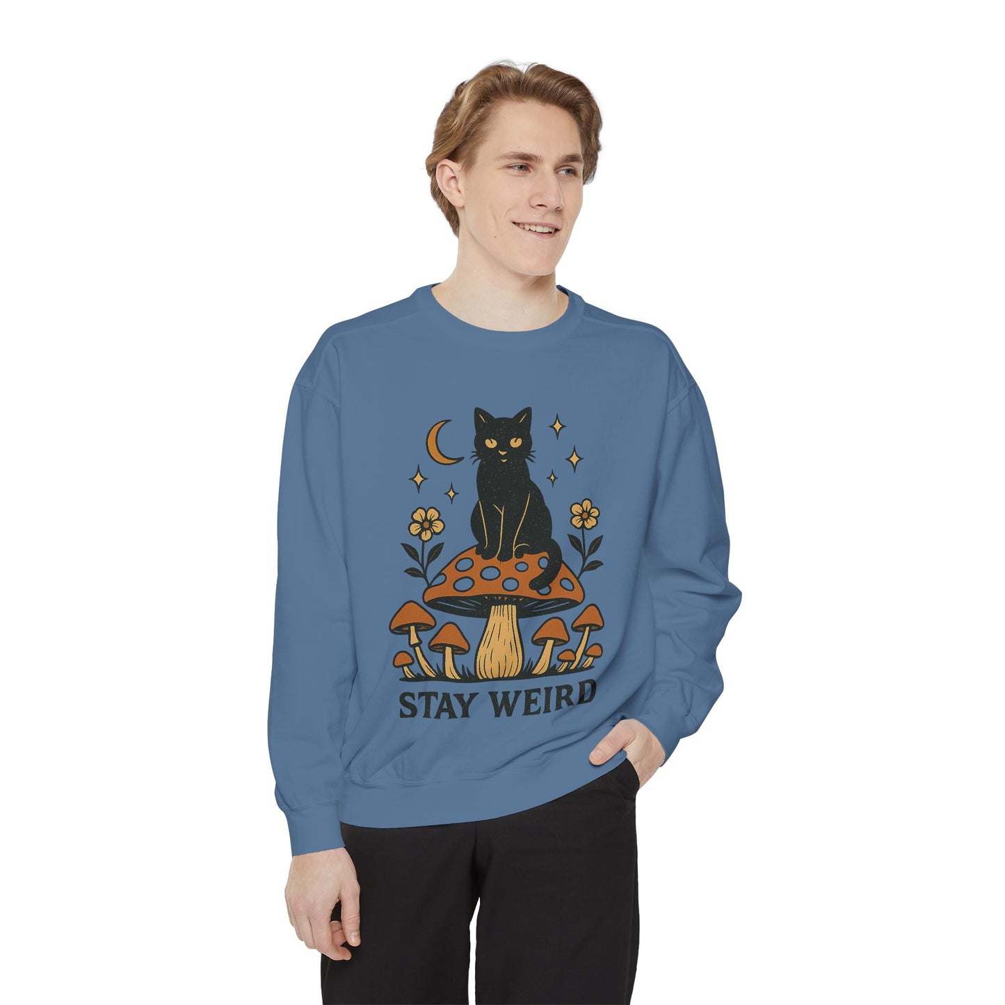 Stay Weird Cat Sweatshirt | Unisex Garment-Dyed Pullover | Boho Witchy Aesthetic | Cozy Casual Wear & Cat Lover Gift
