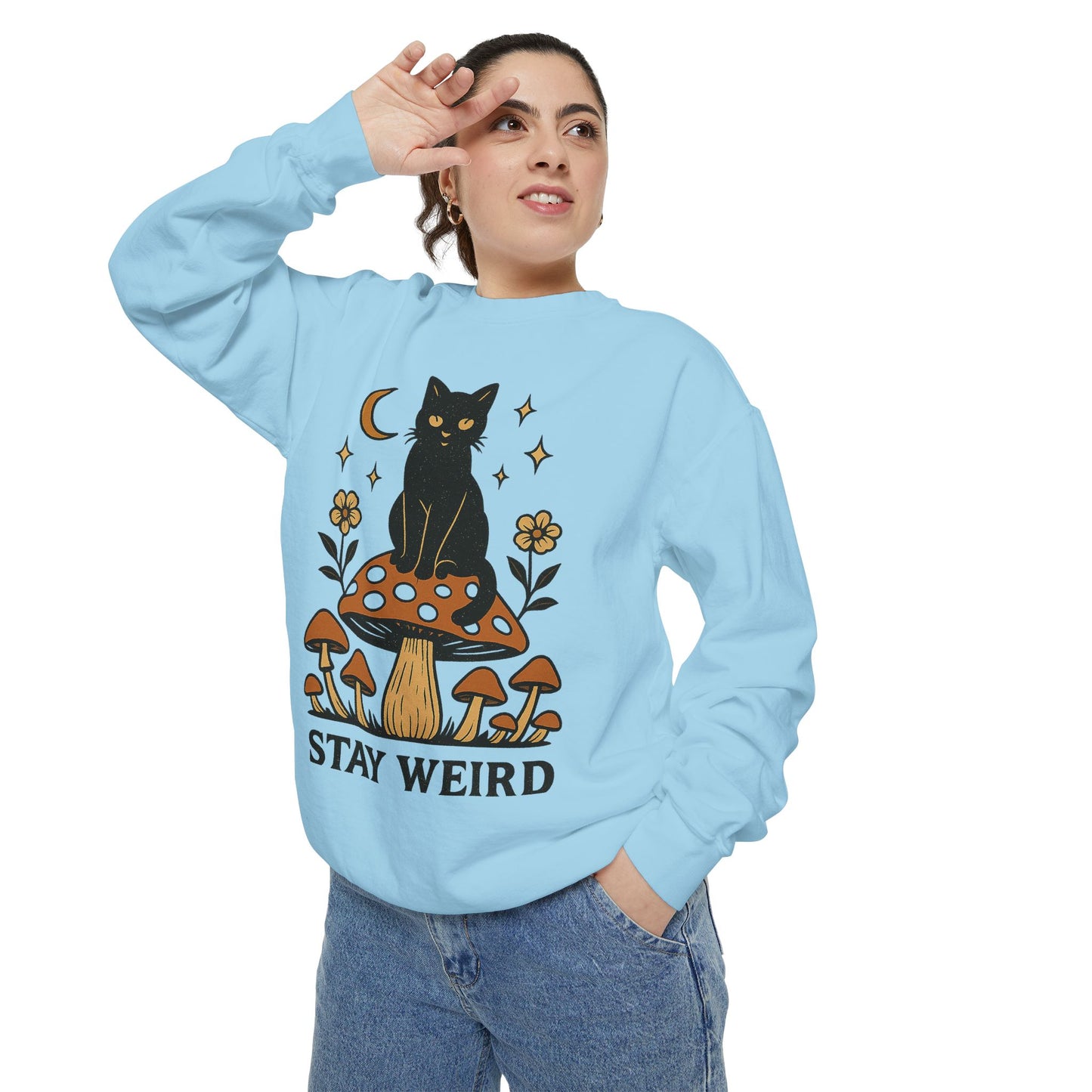 Stay Weird Cat Sweatshirt | Unisex Garment-Dyed Pullover | Boho Witchy Aesthetic | Cozy Casual Wear & Cat Lover Gift