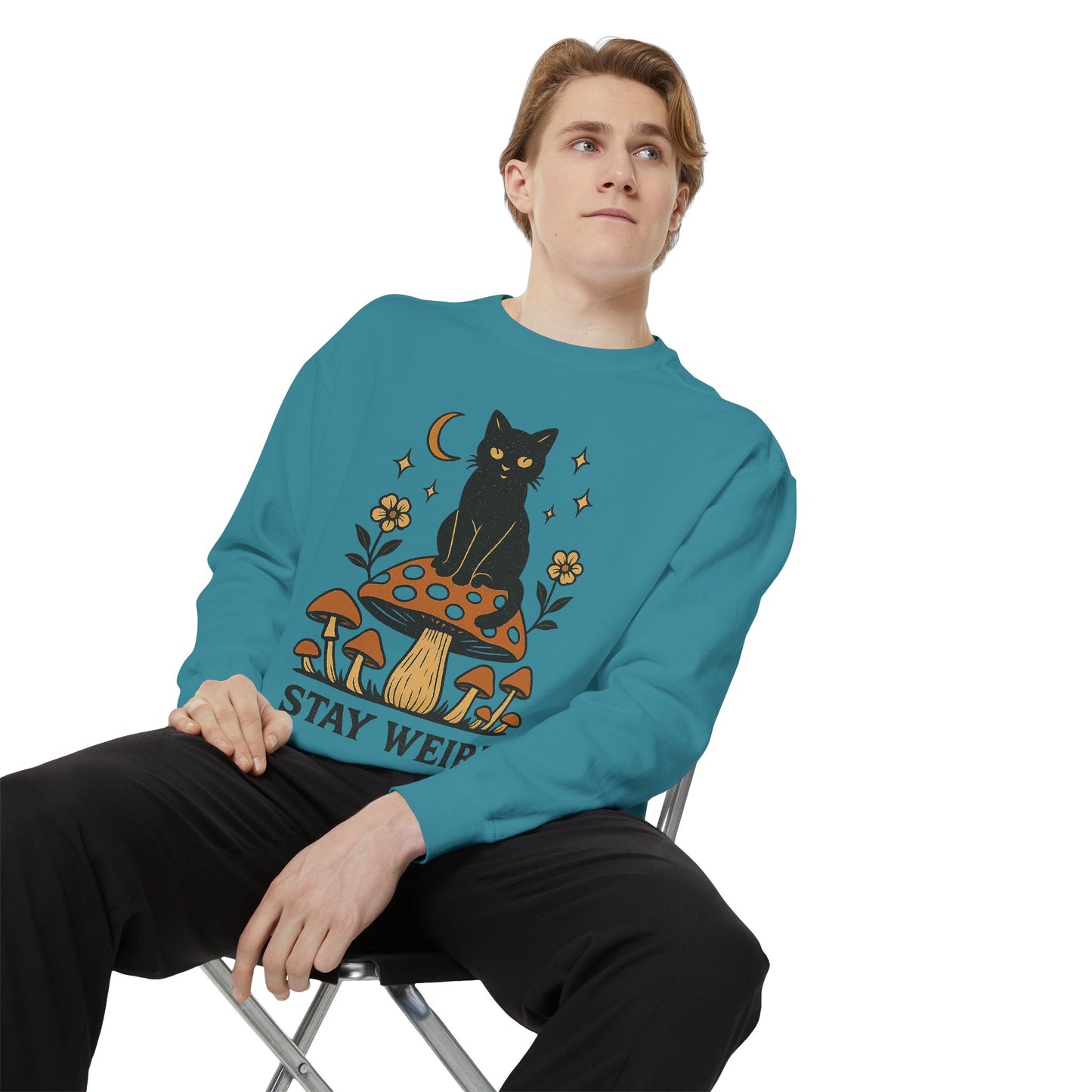 Stay Weird Cat Sweatshirt | Unisex Garment-Dyed Pullover | Boho Witchy Aesthetic | Cozy Casual Wear & Cat Lover Gift