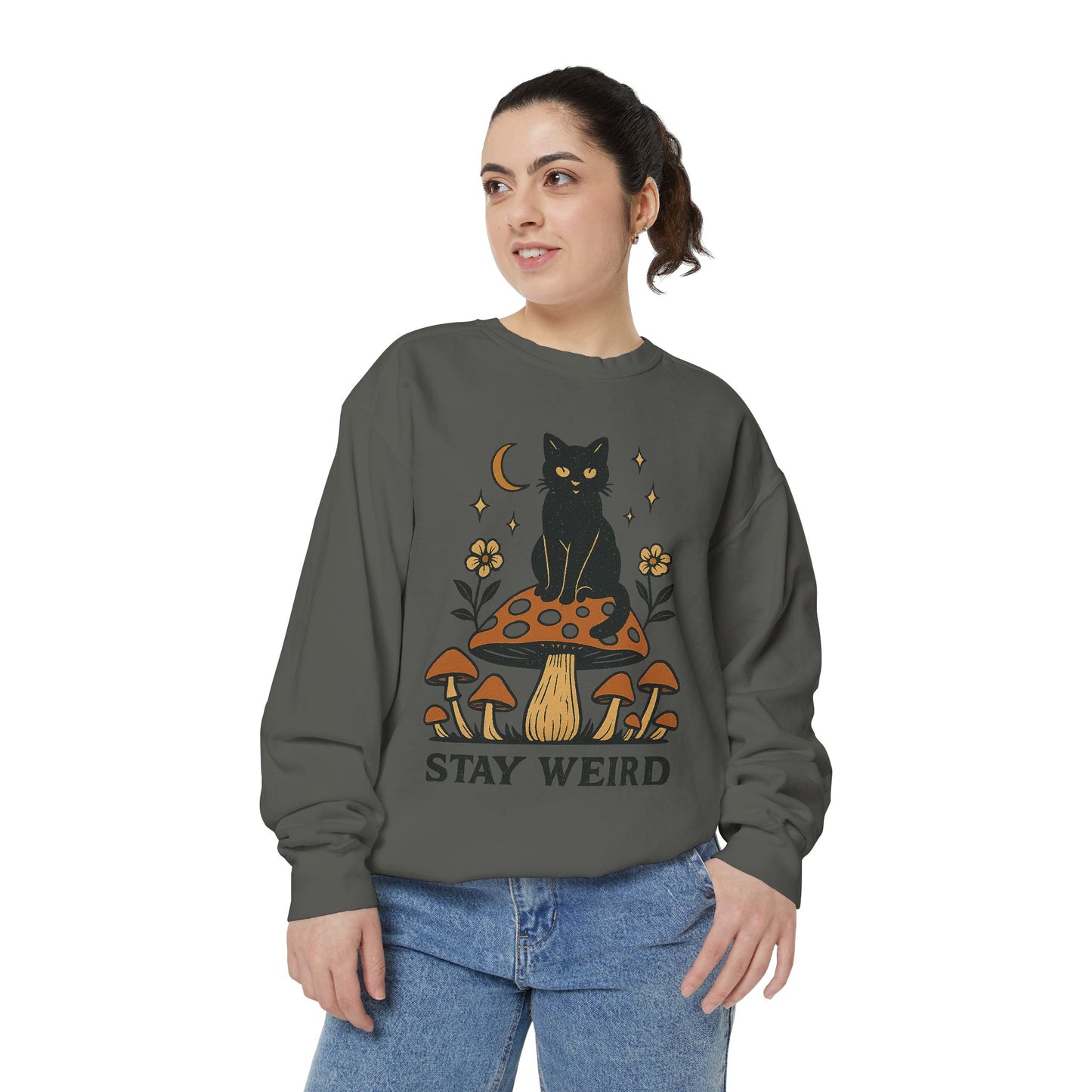 Stay Weird Cat Sweatshirt | Unisex Garment-Dyed Pullover | Boho Witchy Aesthetic | Cozy Casual Wear & Cat Lover Gift