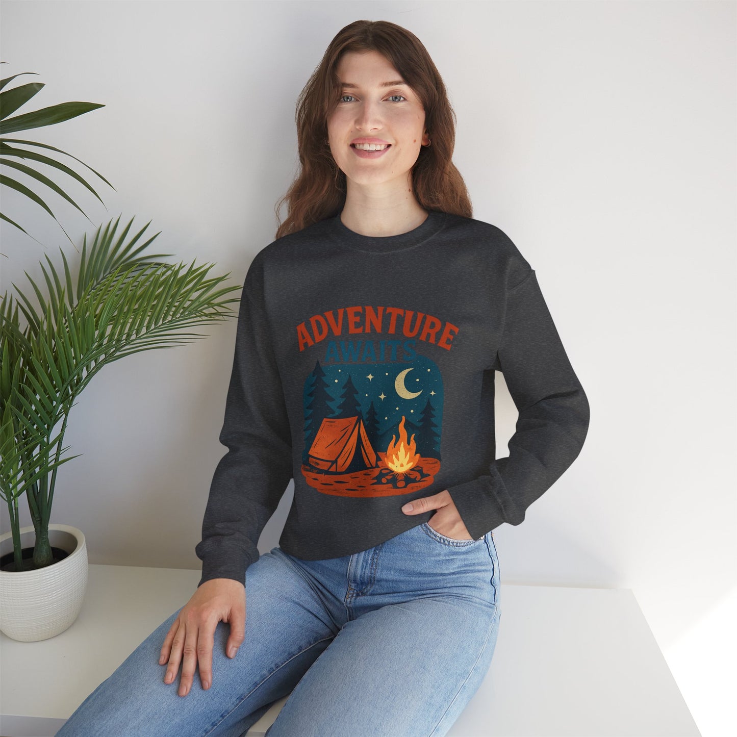 Adventure Awaits Sweatshirt, Cozy Camping Gear, Unisex Crewneck Pullover, Outdoor Adventure Apparel, Gift for Travelers
