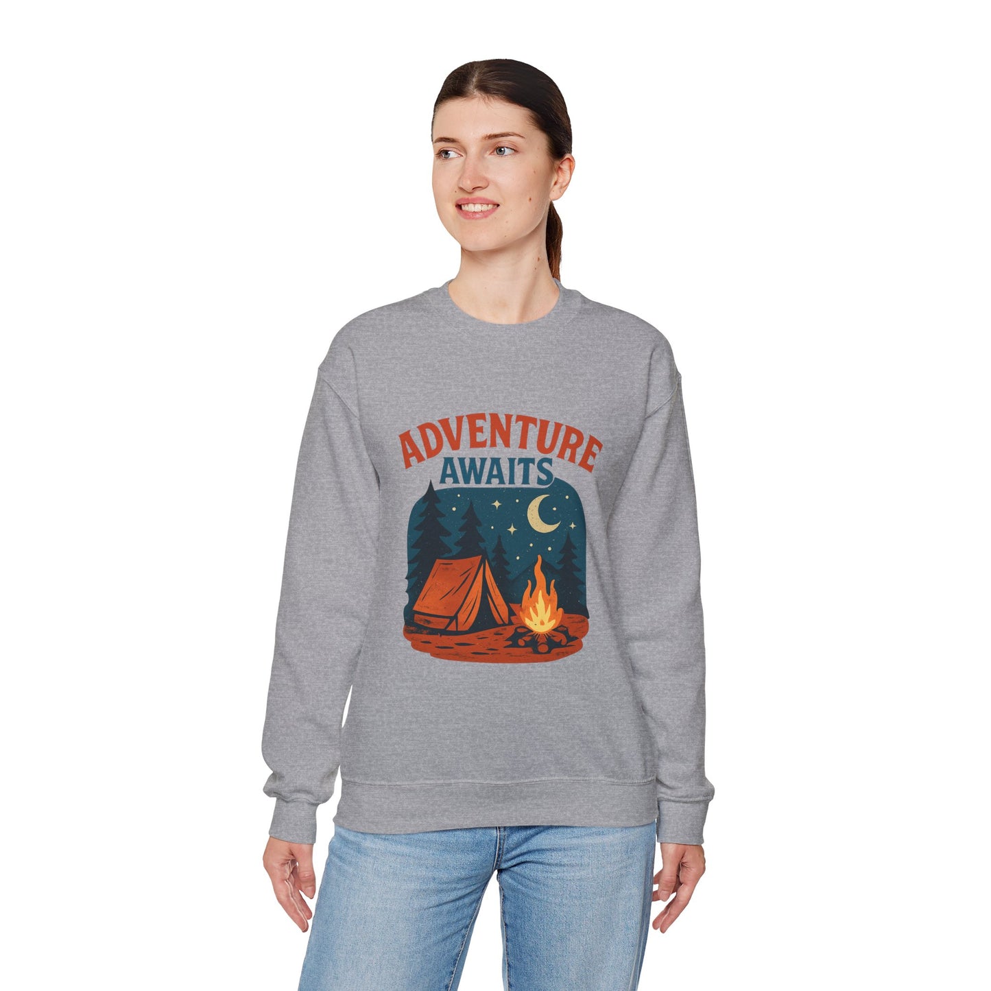 Adventure Awaits Sweatshirt, Cozy Camping Gear, Unisex Crewneck Pullover, Outdoor Adventure Apparel, Gift for Travelers