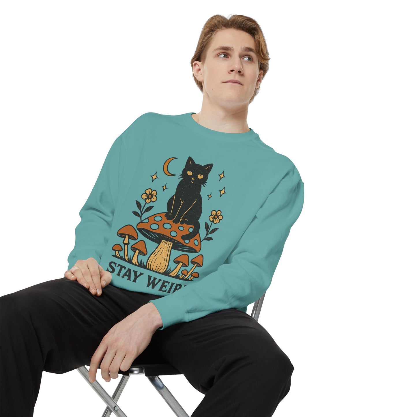 Stay Weird Cat Sweatshirt | Unisex Garment-Dyed Pullover | Boho Witchy Aesthetic | Cozy Casual Wear & Cat Lover Gift