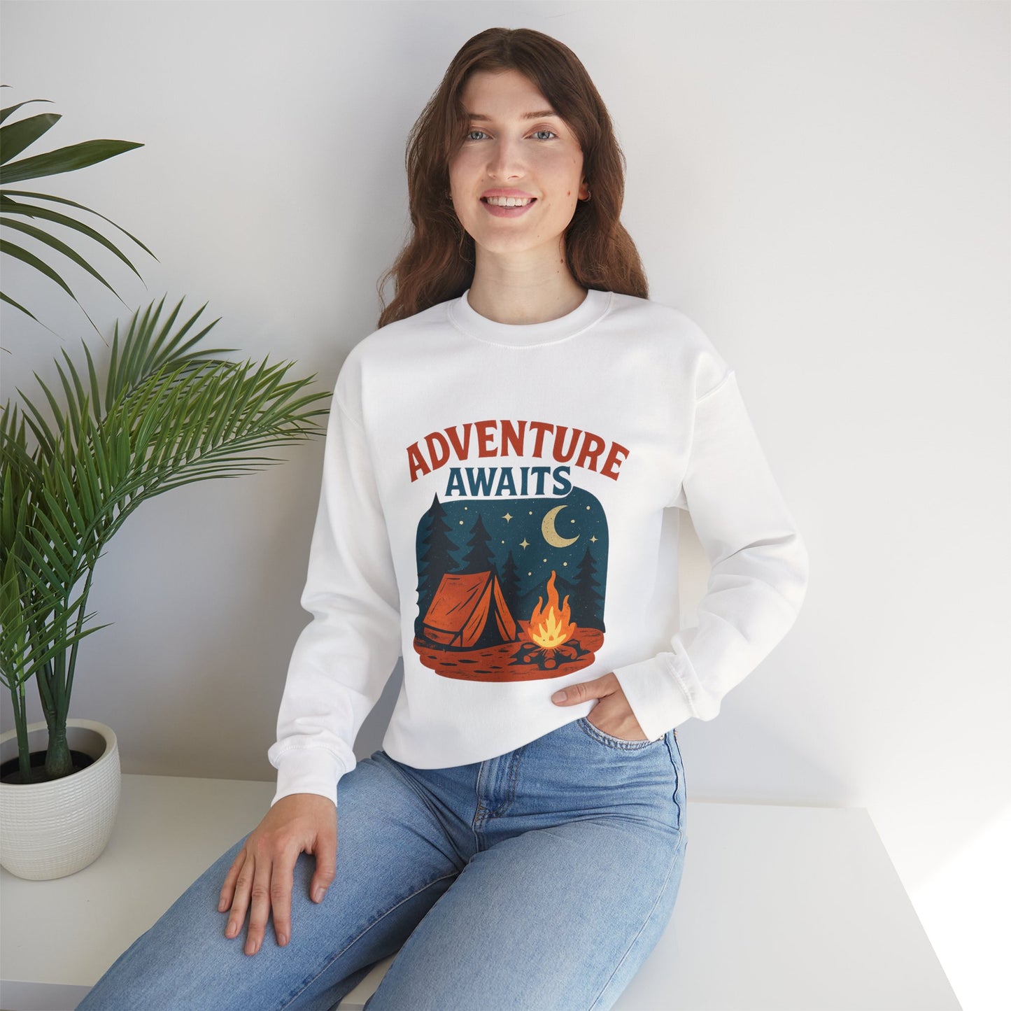 Adventure Awaits Sweatshirt, Cozy Camping Gear, Unisex Crewneck Pullover, Outdoor Adventure Apparel, Gift for Travelers