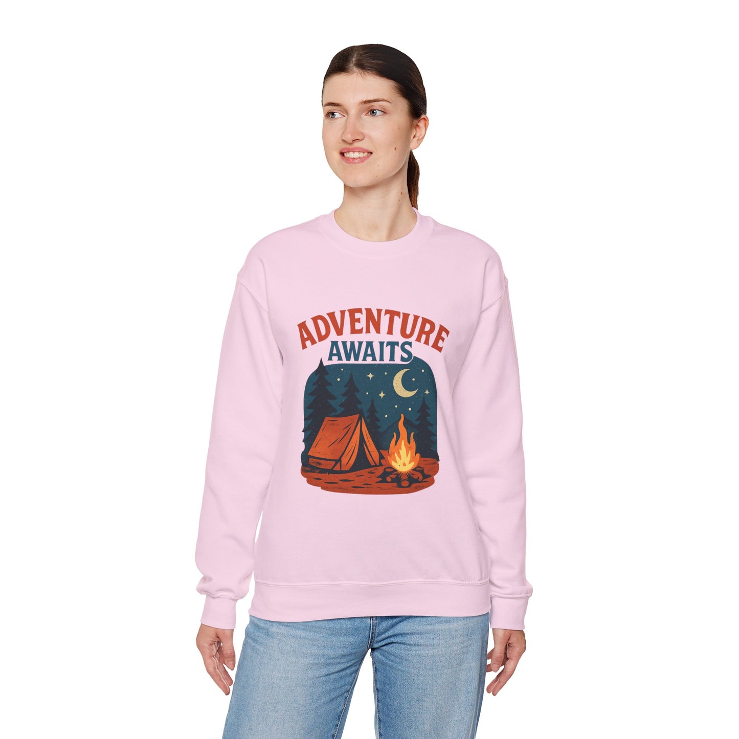 Adventure Awaits Sweatshirt, Cozy Camping Gear, Unisex Crewneck Pullover, Outdoor Adventure Apparel, Gift for Travelers