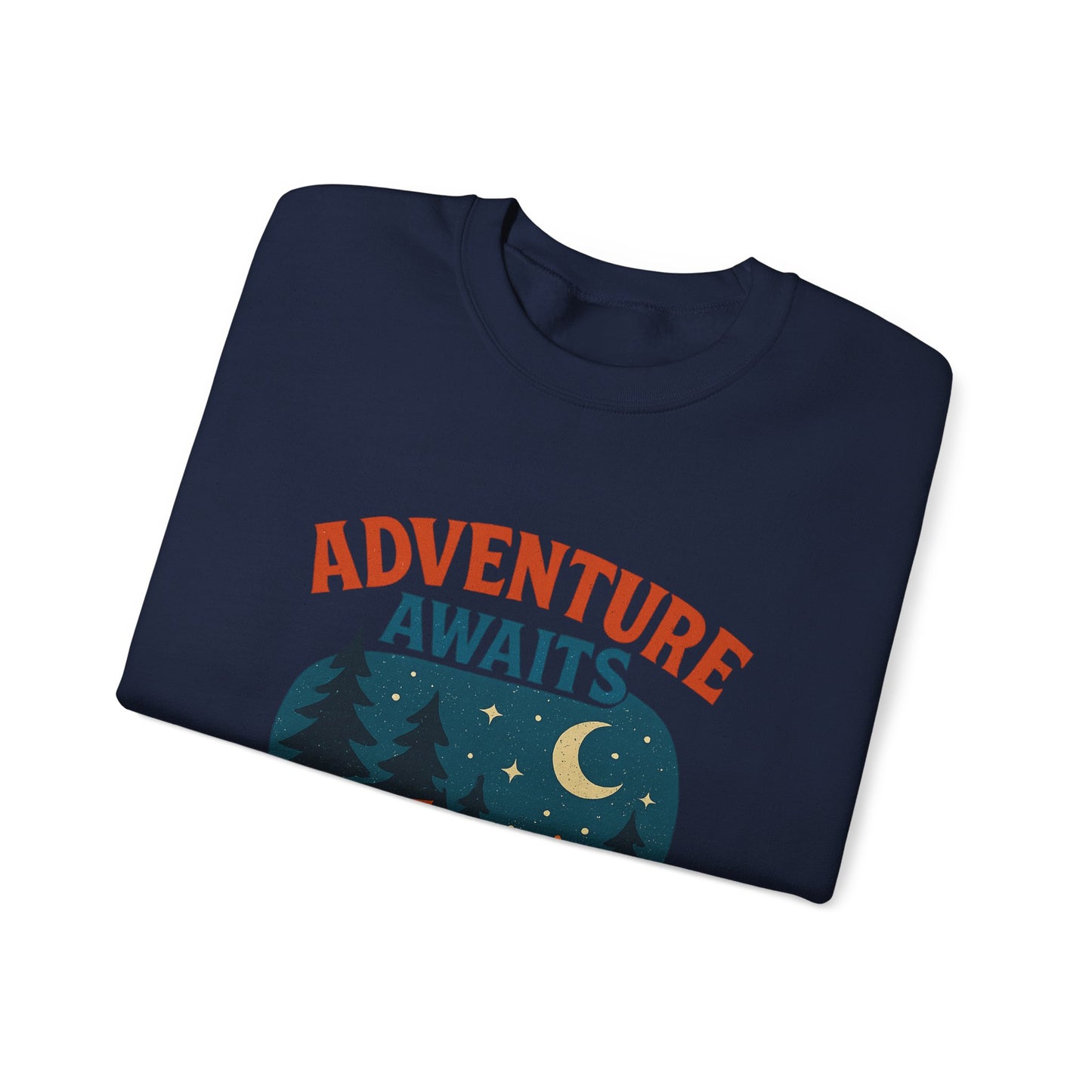 Adventure Awaits Sweatshirt, Cozy Camping Gear, Unisex Crewneck Pullover, Outdoor Adventure Apparel, Gift for Travelers