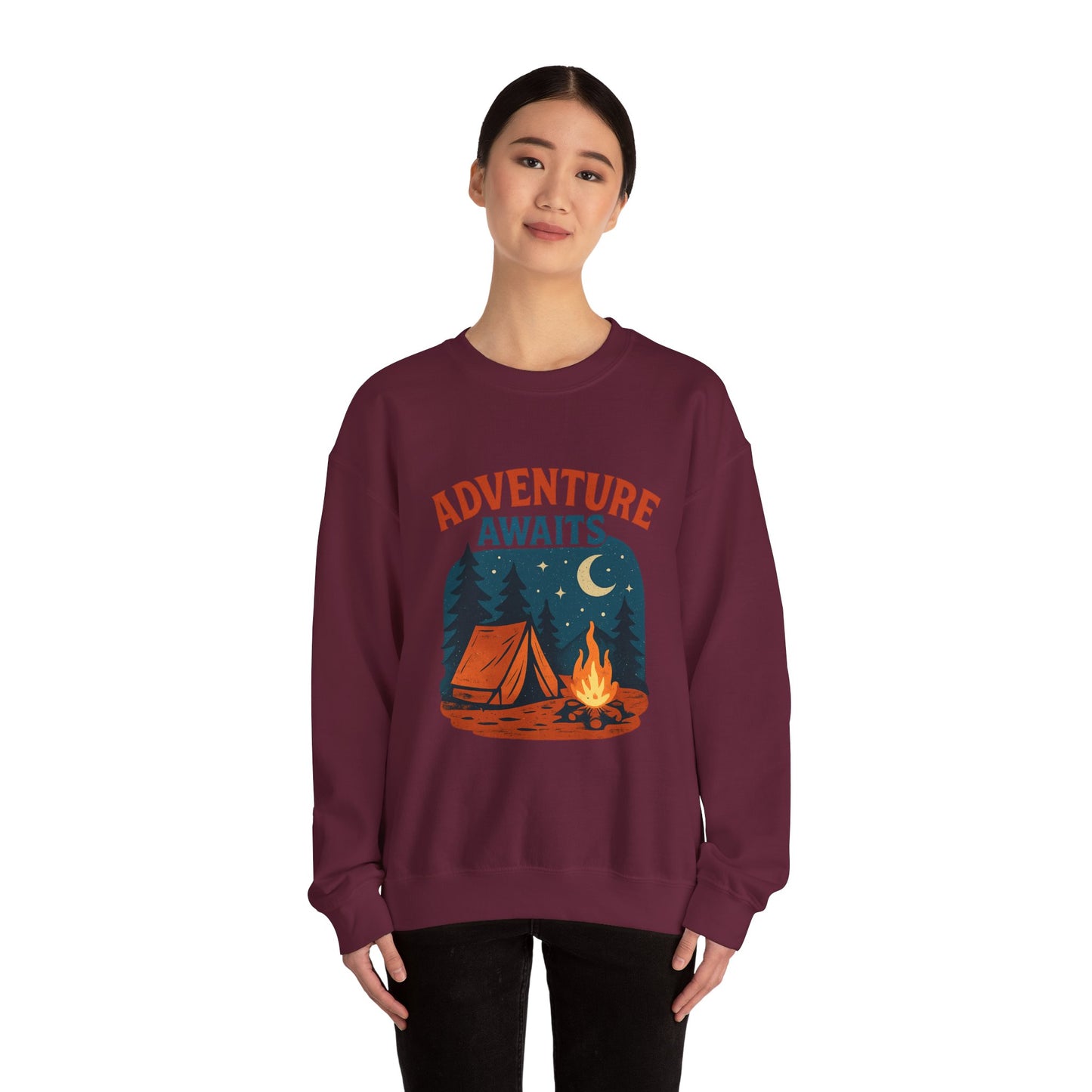 Adventure Awaits Sweatshirt, Cozy Camping Gear, Unisex Crewneck Pullover, Outdoor Adventure Apparel, Gift for Travelers