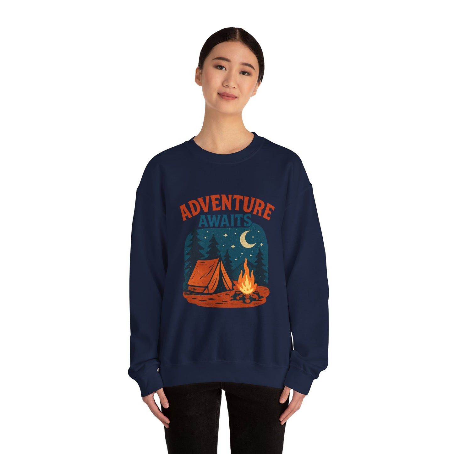 Adventure Awaits Sweatshirt, Cozy Camping Gear, Unisex Crewneck Pullover, Outdoor Adventure Apparel, Gift for Travelers