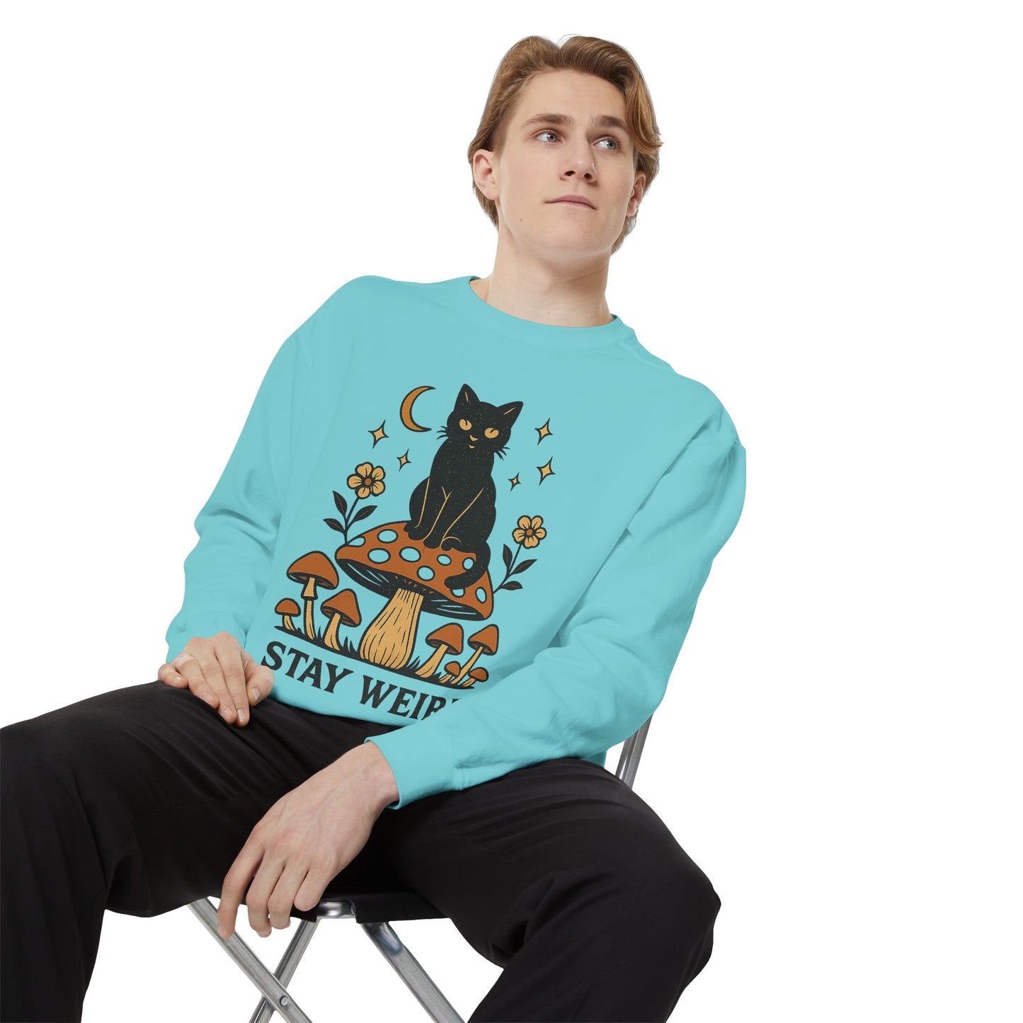 Stay Weird Cat Sweatshirt | Unisex Garment-Dyed Pullover | Boho Witchy Aesthetic | Cozy Casual Wear & Cat Lover Gift
