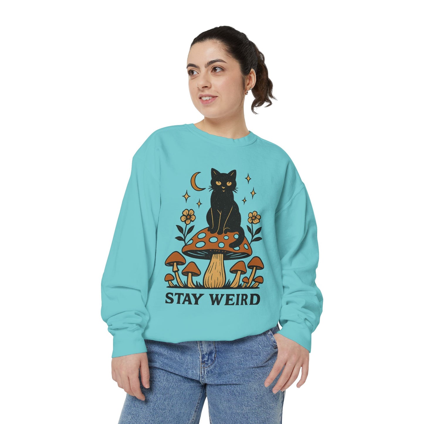 Stay Weird Cat Sweatshirt | Unisex Garment-Dyed Pullover | Boho Witchy Aesthetic | Cozy Casual Wear & Cat Lover Gift