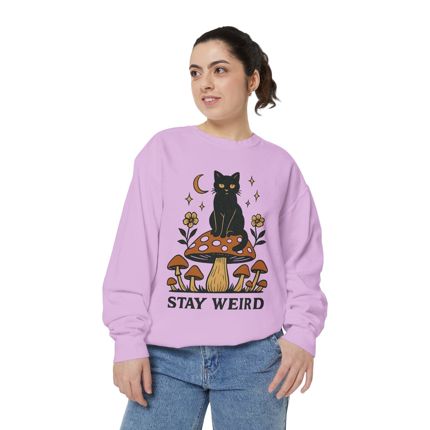 Stay Weird Cat Sweatshirt | Unisex Garment-Dyed Pullover | Boho Witchy Aesthetic | Cozy Casual Wear & Cat Lover Gift
