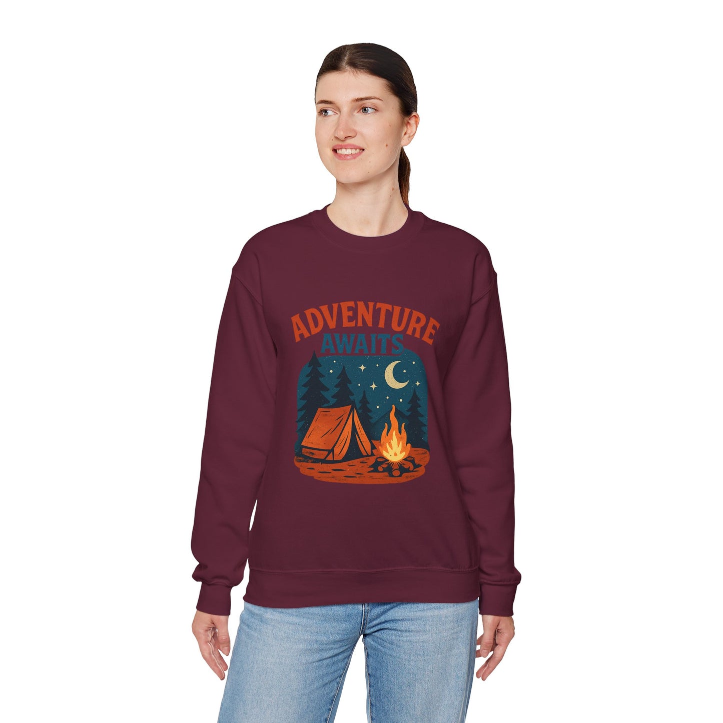 Adventure Awaits Sweatshirt, Cozy Camping Gear, Unisex Crewneck Pullover, Outdoor Adventure Apparel, Gift for Travelers