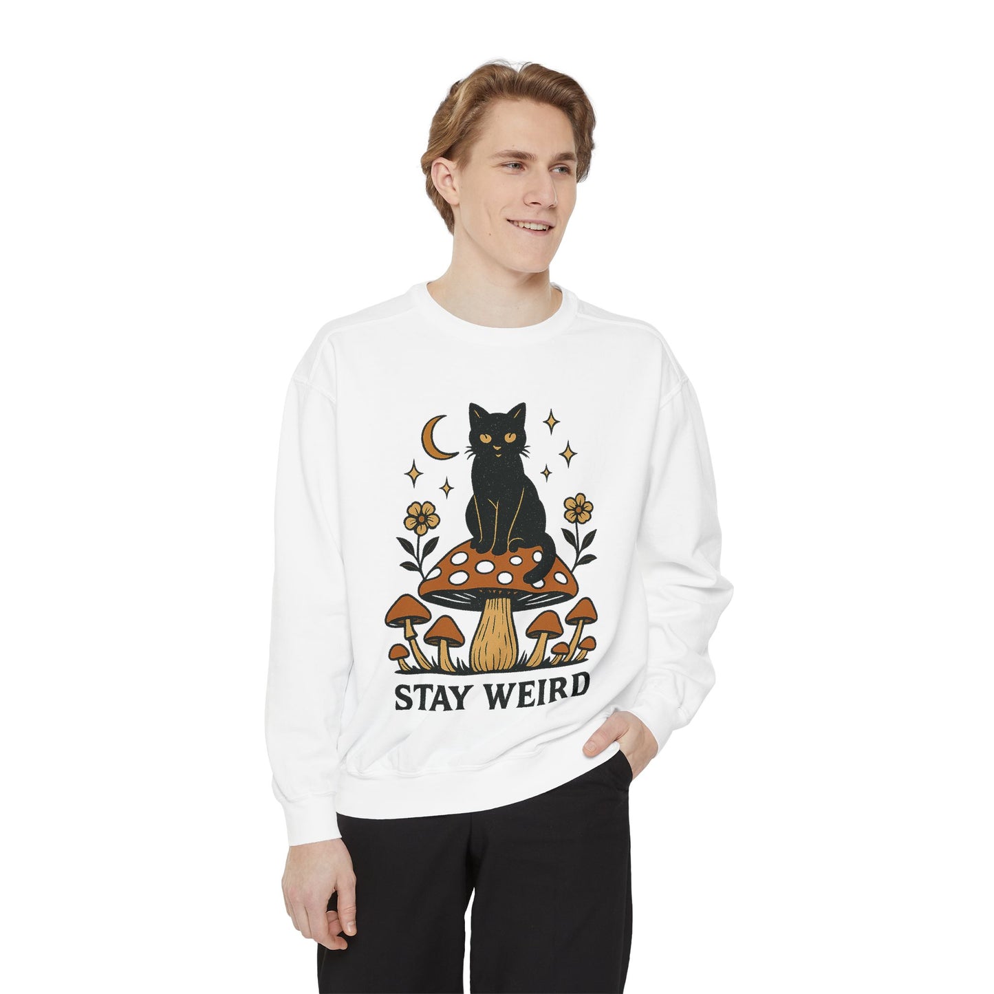 Stay Weird Cat Sweatshirt | Unisex Garment-Dyed Pullover | Boho Witchy Aesthetic | Cozy Casual Wear & Cat Lover Gift