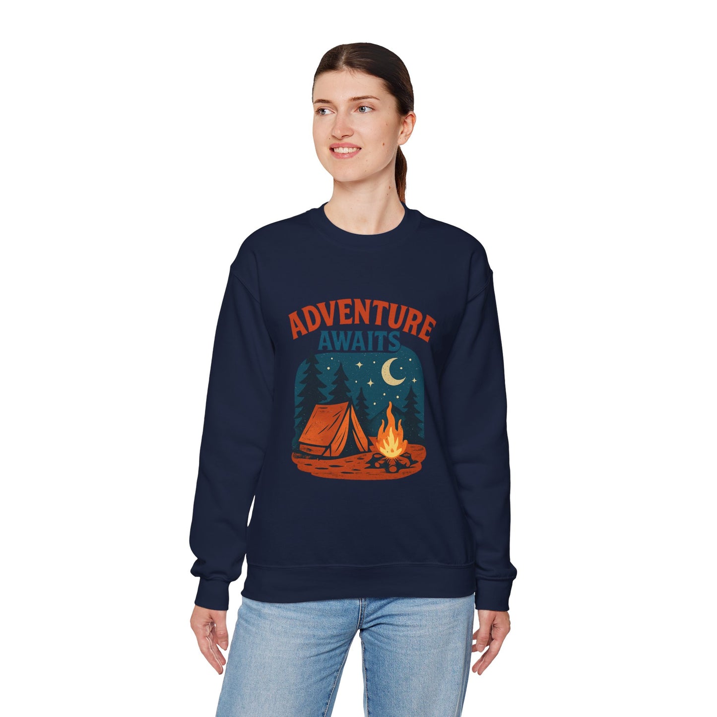 Adventure Awaits Sweatshirt, Cozy Camping Gear, Unisex Crewneck Pullover, Outdoor Adventure Apparel, Gift for Travelers