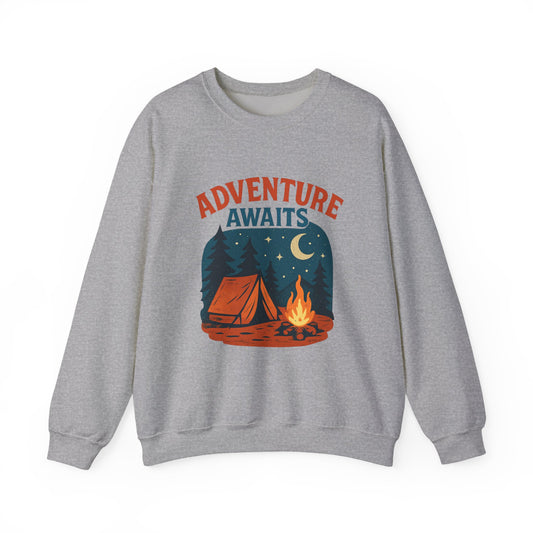 Adventure Awaits Sweatshirt, Cozy Camping Gear, Unisex Crewneck Pullover, Outdoor Adventure Apparel, Gift for Travelers