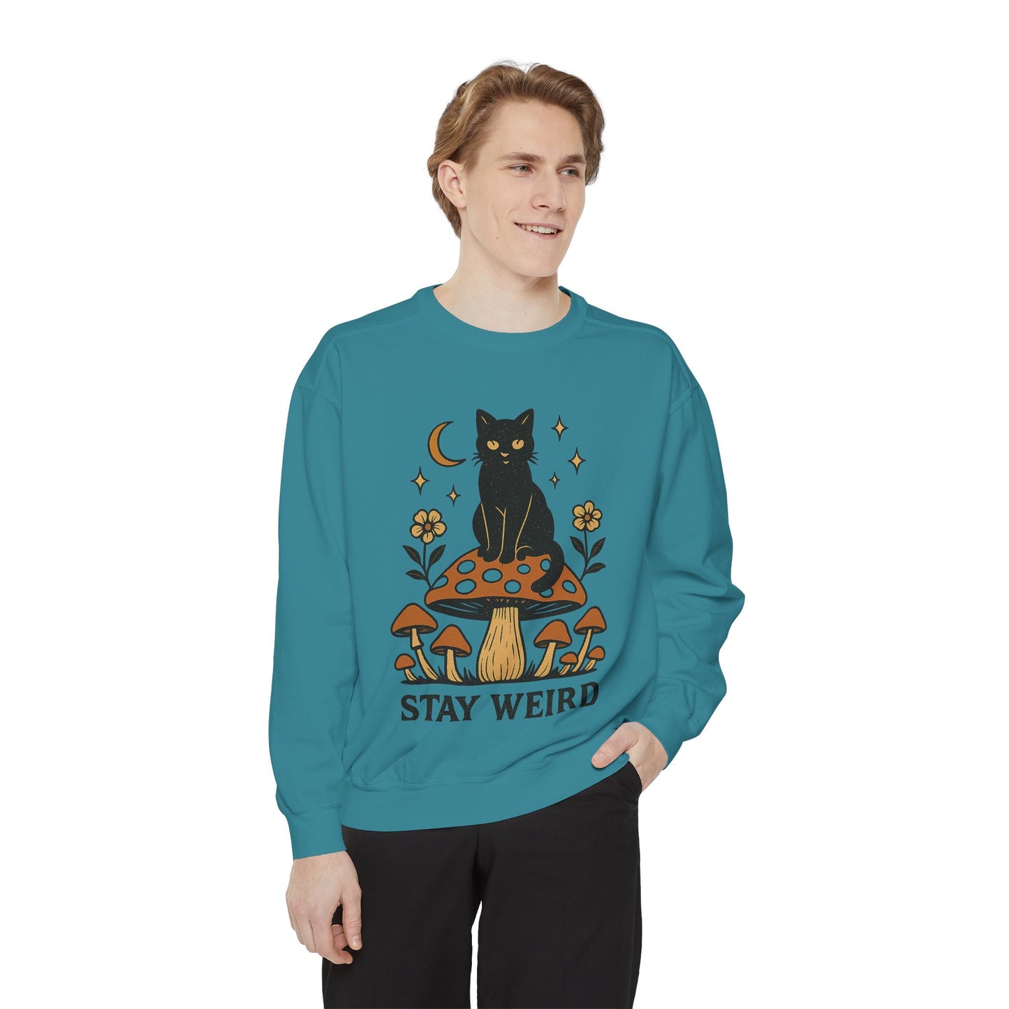 Stay Weird Cat Sweatshirt | Unisex Garment-Dyed Pullover | Boho Witchy Aesthetic | Cozy Casual Wear & Cat Lover Gift