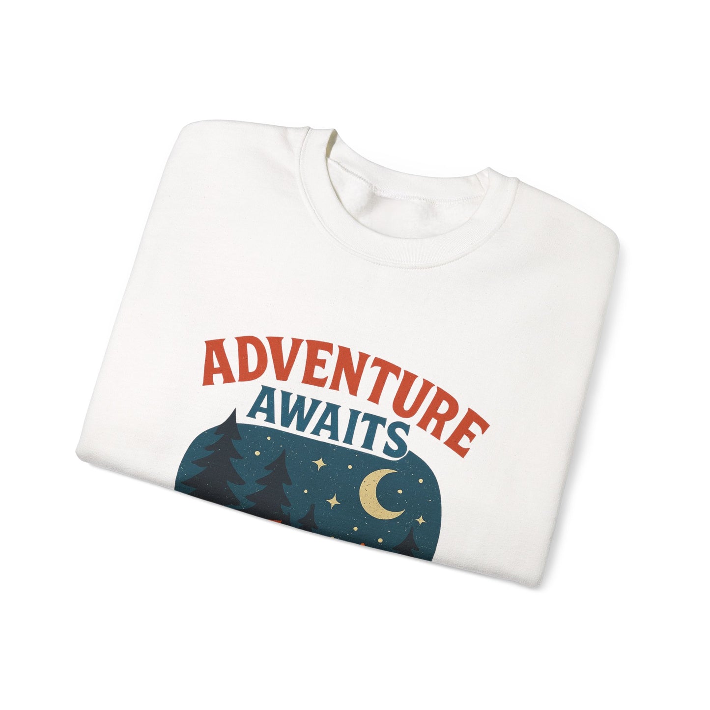 Adventure Awaits Sweatshirt, Cozy Camping Gear, Unisex Crewneck Pullover, Outdoor Adventure Apparel, Gift for Travelers