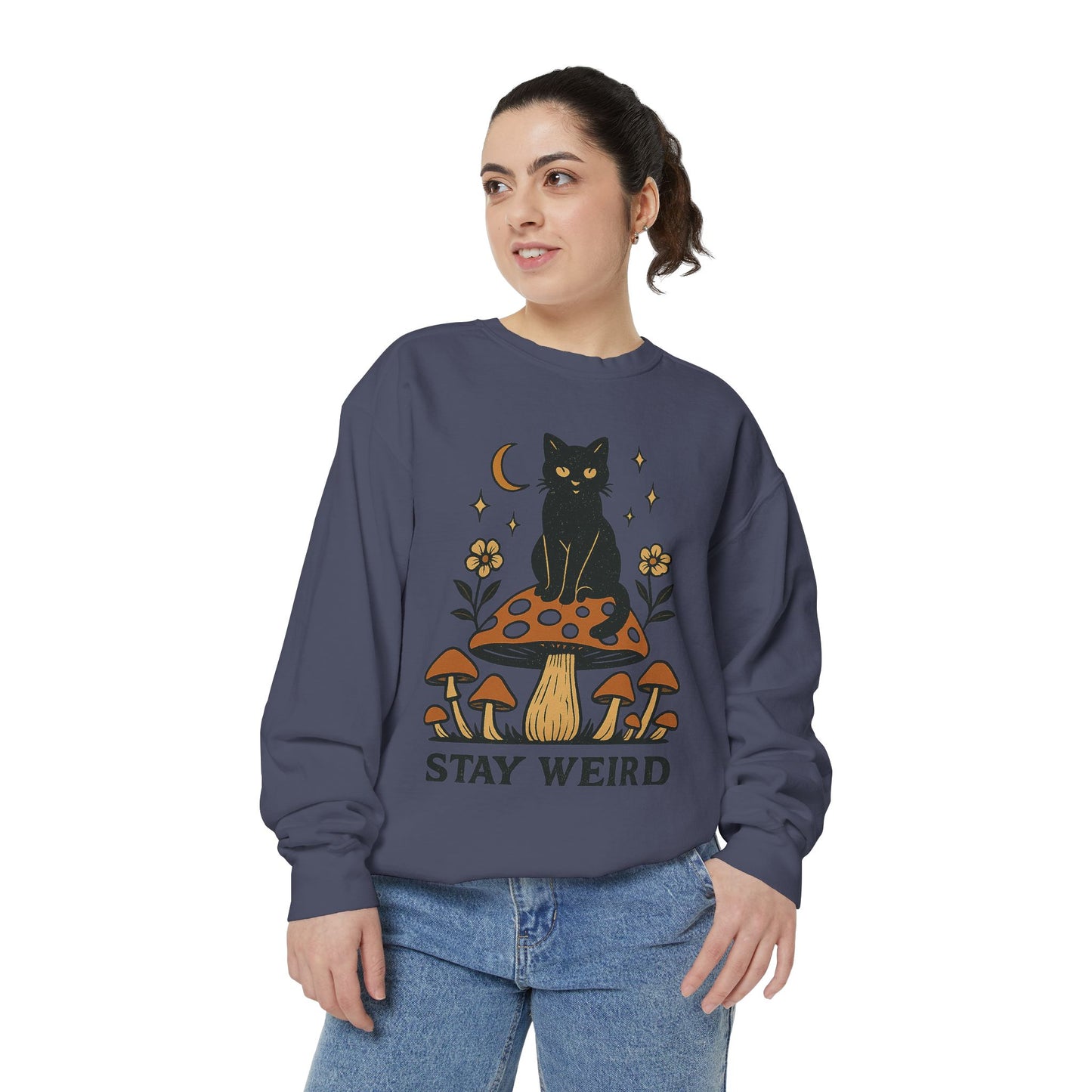 Stay Weird Cat Sweatshirt | Unisex Garment-Dyed Pullover | Boho Witchy Aesthetic | Cozy Casual Wear & Cat Lover Gift