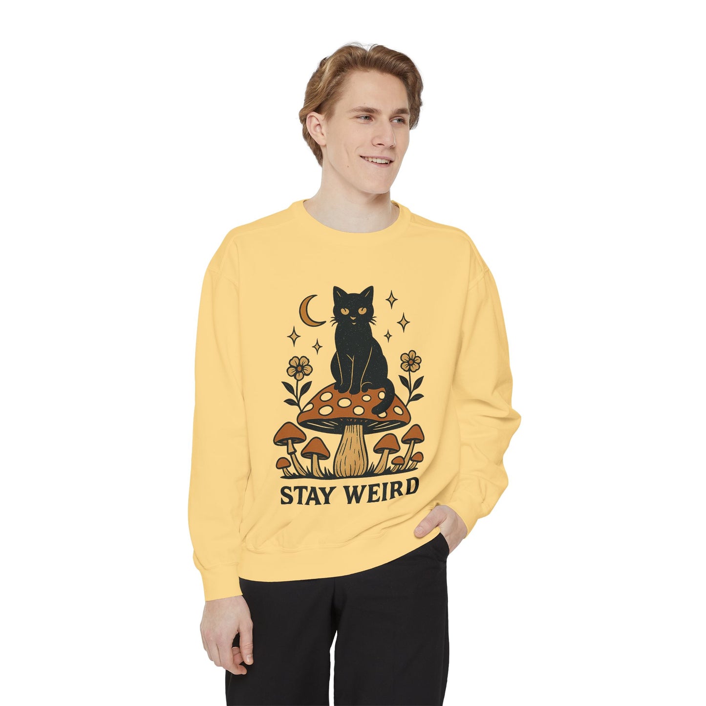 Stay Weird Cat Sweatshirt | Unisex Garment-Dyed Pullover | Boho Witchy Aesthetic | Cozy Casual Wear & Cat Lover Gift