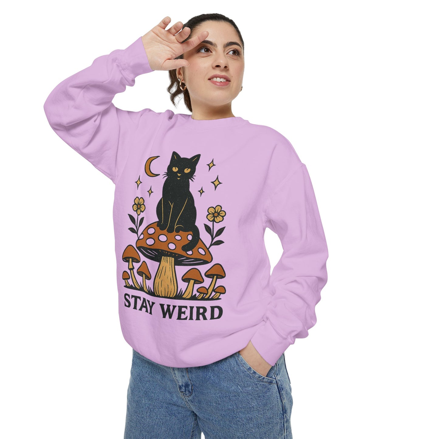 Stay Weird Cat Sweatshirt | Unisex Garment-Dyed Pullover | Boho Witchy Aesthetic | Cozy Casual Wear & Cat Lover Gift