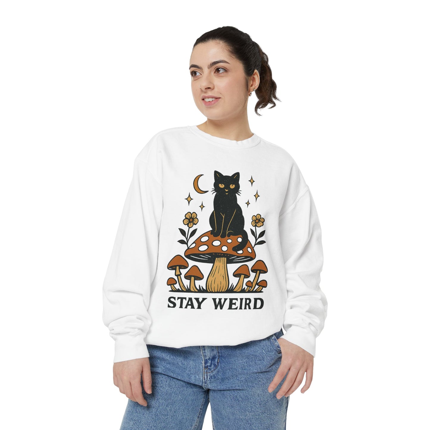 Stay Weird Cat Sweatshirt | Unisex Garment-Dyed Pullover | Boho Witchy Aesthetic | Cozy Casual Wear & Cat Lover Gift