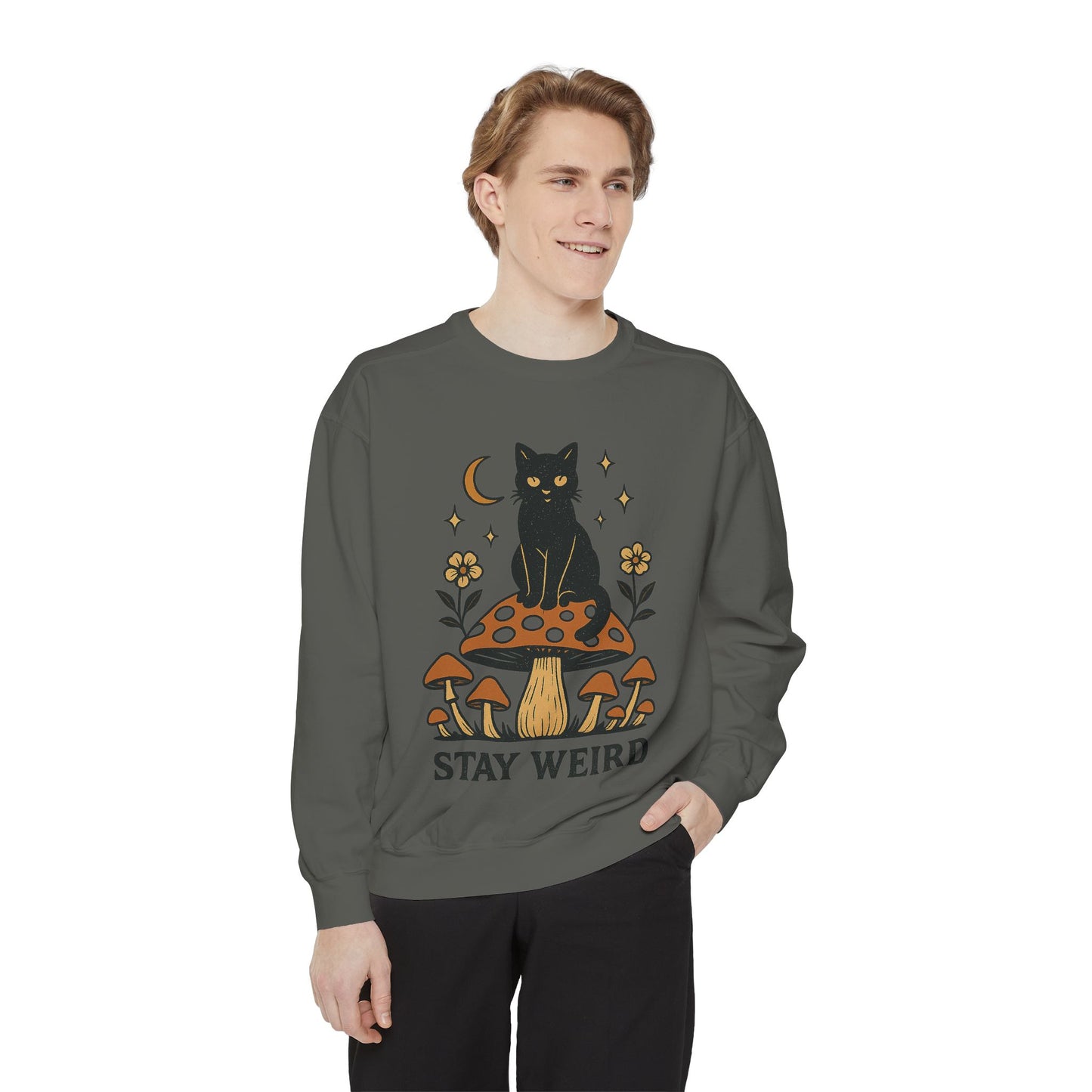 Stay Weird Cat Sweatshirt | Unisex Garment-Dyed Pullover | Boho Witchy Aesthetic | Cozy Casual Wear & Cat Lover Gift