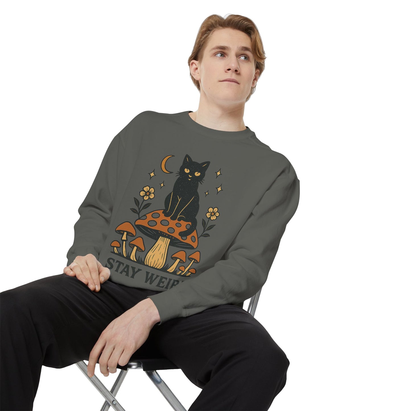 Stay Weird Cat Sweatshirt | Unisex Garment-Dyed Pullover | Boho Witchy Aesthetic | Cozy Casual Wear & Cat Lover Gift