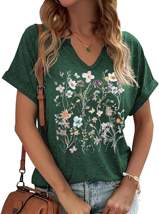 Earlymemb Womens Vintage Flowers V Neck Shirt Boho Floral Wildflowers Graphic Tee Casual Cottagecore Short Sleeve T Shirt(L,A-Green)