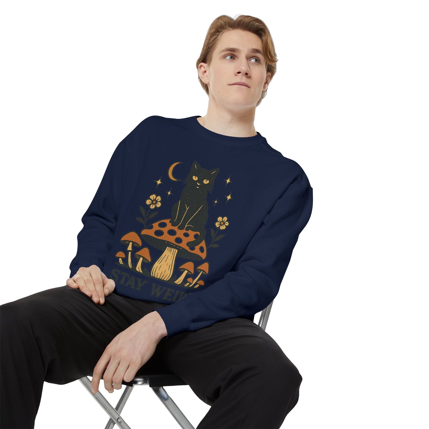 Stay Weird Cat Sweatshirt | Unisex Garment-Dyed Pullover | Boho Witchy Aesthetic | Cozy Casual Wear & Cat Lover Gift