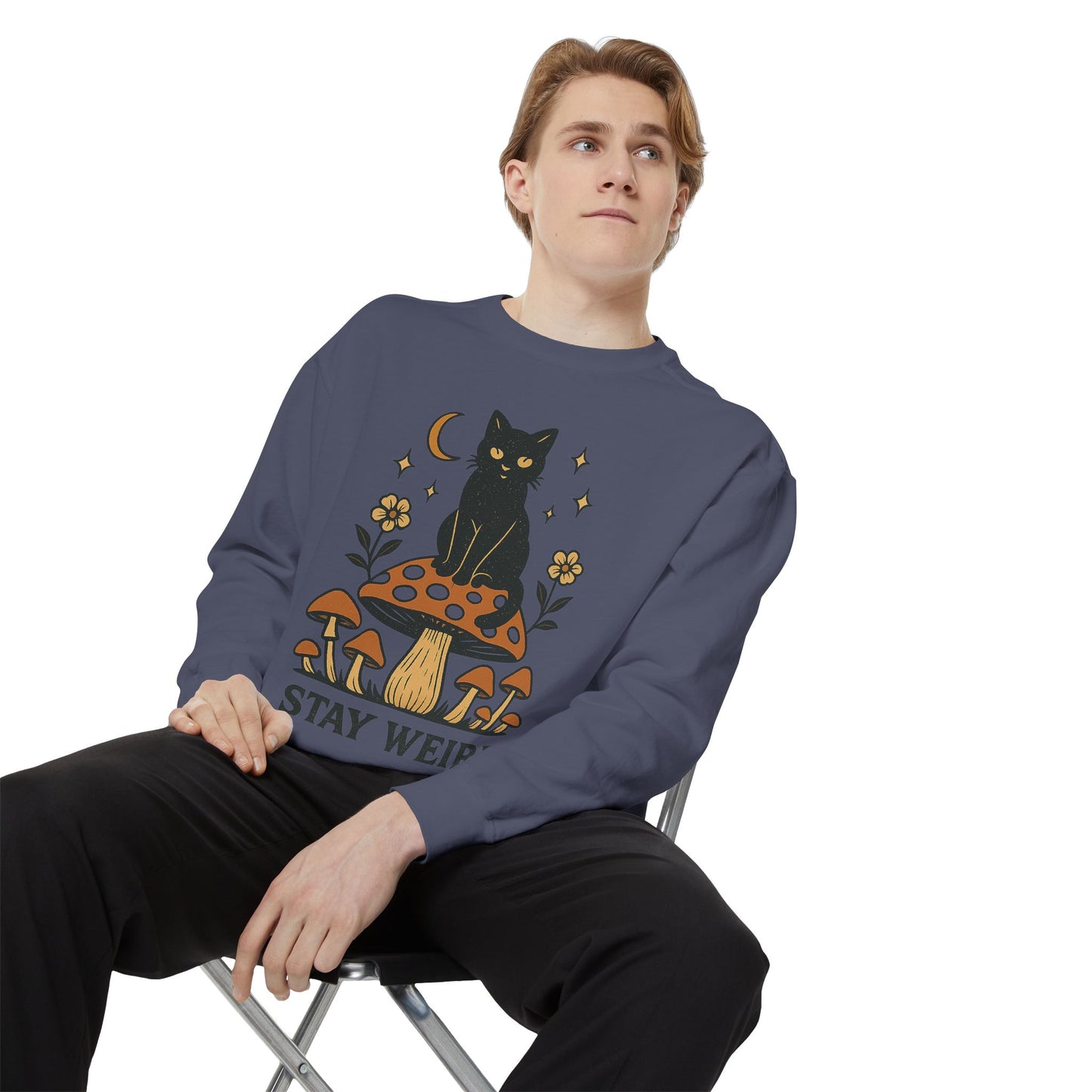 Stay Weird Cat Sweatshirt | Unisex Garment-Dyed Pullover | Boho Witchy Aesthetic | Cozy Casual Wear & Cat Lover Gift