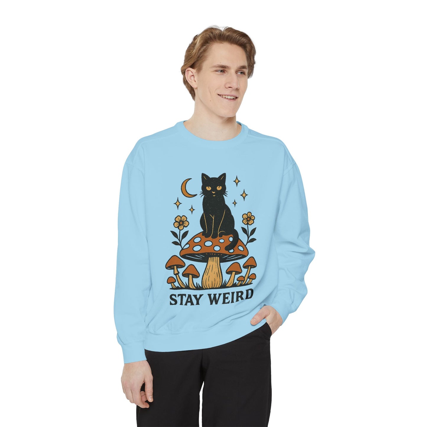 Stay Weird Cat Sweatshirt | Unisex Garment-Dyed Pullover | Boho Witchy Aesthetic | Cozy Casual Wear & Cat Lover Gift