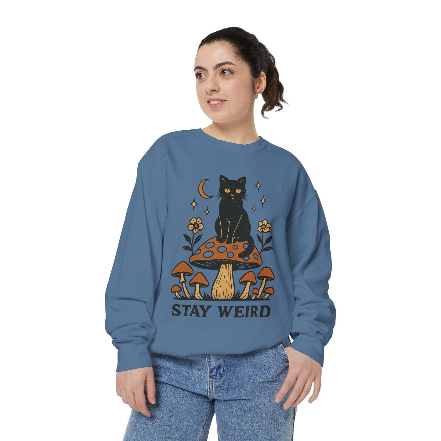 Stay Weird Cat Sweatshirt | Unisex Garment-Dyed Pullover | Boho Witchy Aesthetic | Cozy Casual Wear & Cat Lover Gift