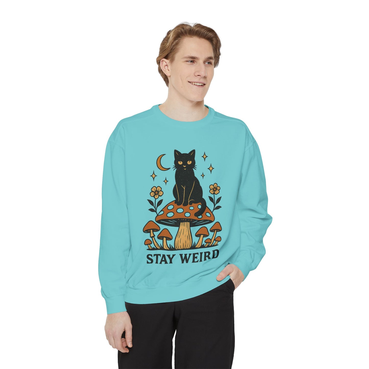 Stay Weird Cat Sweatshirt | Unisex Garment-Dyed Pullover | Boho Witchy Aesthetic | Cozy Casual Wear & Cat Lover Gift