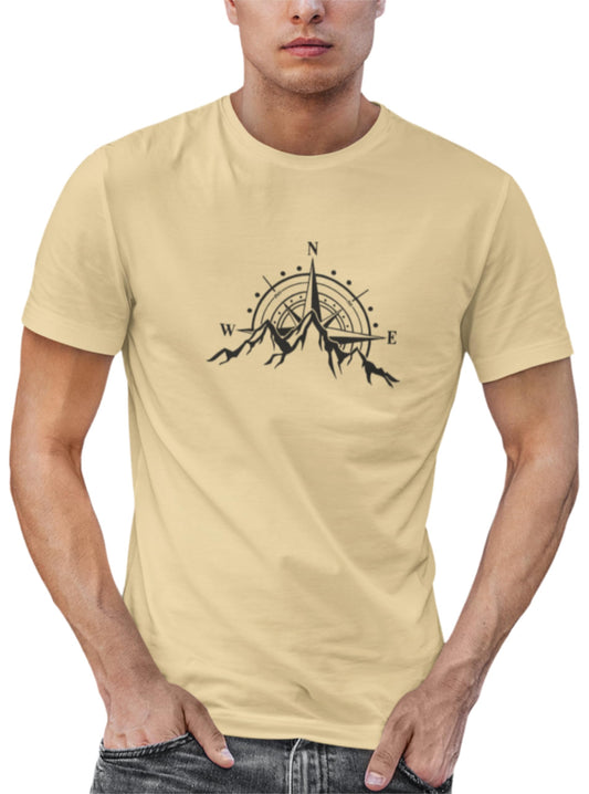 TARI Men's Premium Cotton Soft Casual Tshirt - Mountain Compass Graphic Design - Beige - Small