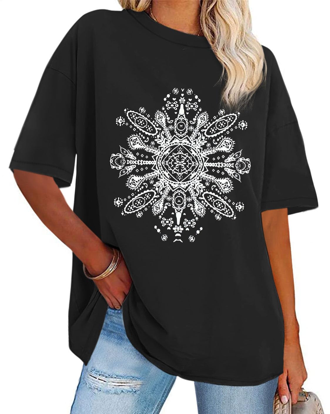Womens Oversized Tshirt Graphic Tees Crew Neck Summer Short Sleeve Loose Fit Tops, Black White Flower, L