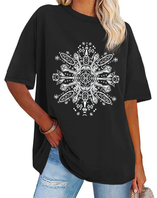 Womens Oversized Tshirt Graphic Tees Crew Neck Summer Short Sleeve Loose Fit Tops, Black White Flower, L