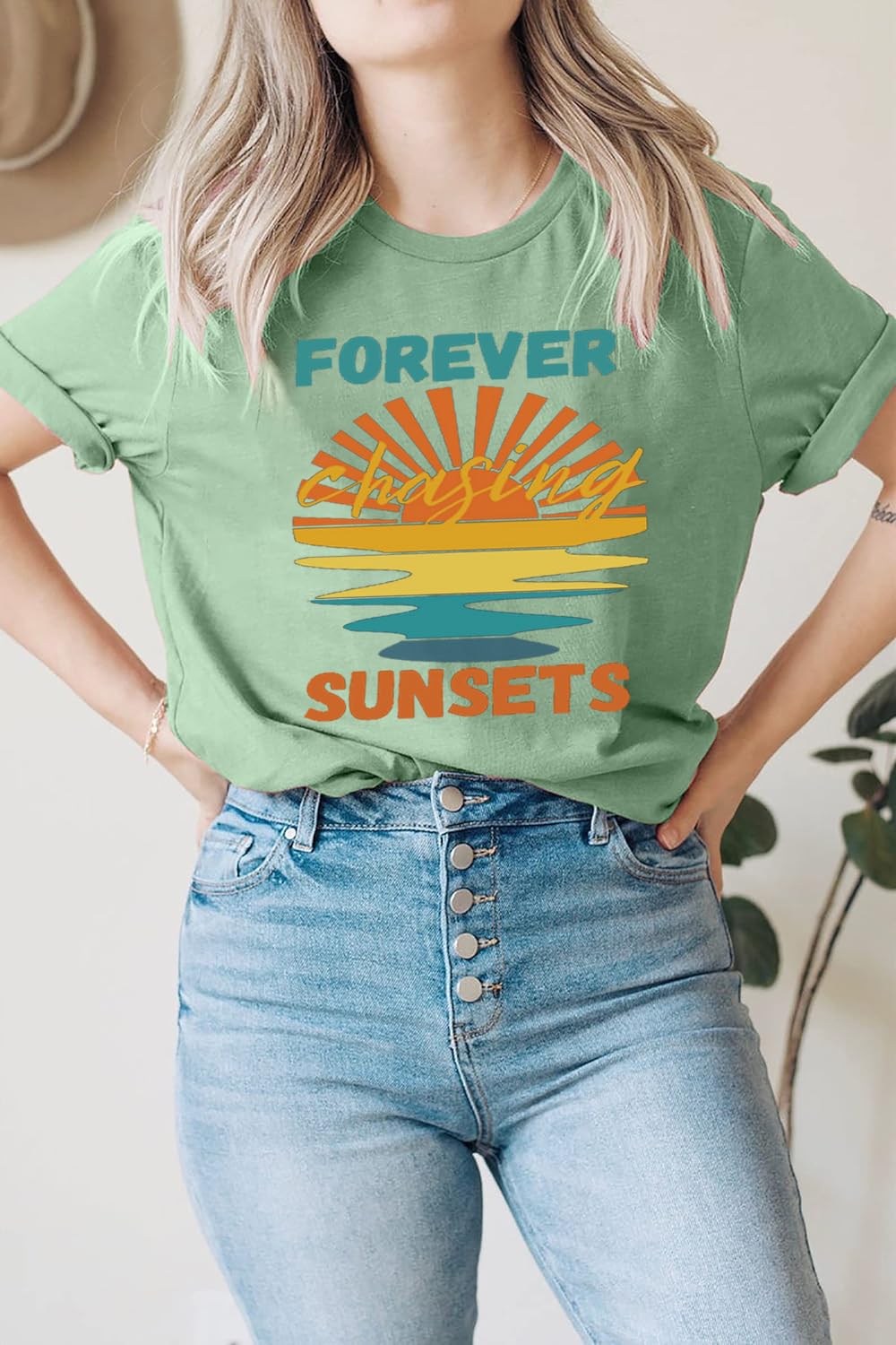 Funny Positive Vibe Inspirational Sayings Summer Casual Forever Chasing Sunrise Sunshine Sunset Chaser Cute Sun Coconut Trees Graphic Short Sleeve tee Shirts for Women-M (Light Green)
