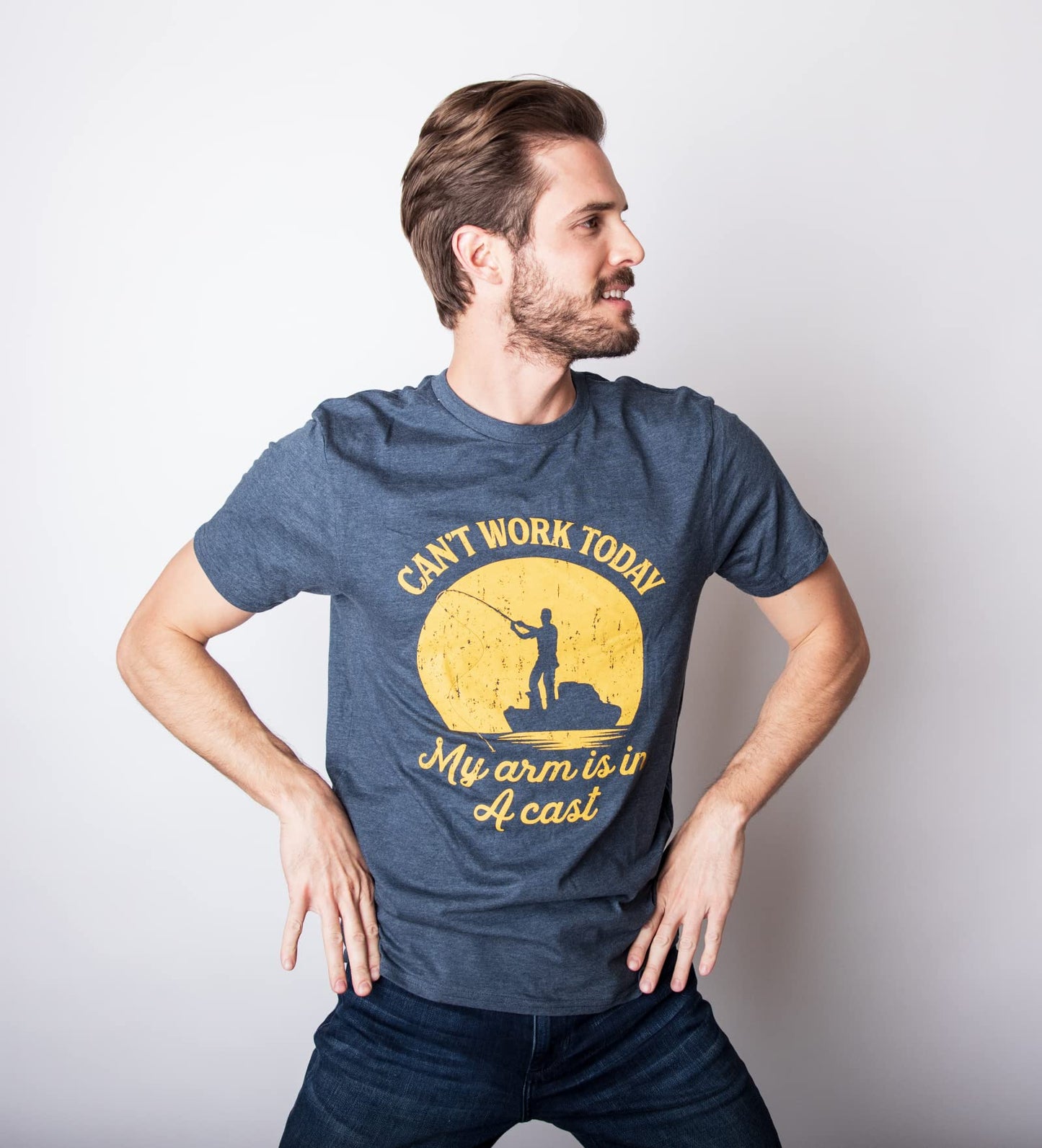 Crazy Dog Men T Shirt I Can't Work Today My Arm is in A Cast Funny Fishing Themed Fathers Day Tee Tee Gifts for Grandpa Fisherman Casual Cotton Short Sleeved Shirt Heather Navy XL