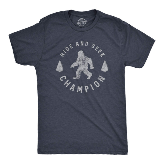 Crazy Dog Men T Shirt Hide and Seek Champion Funny Sasquatch Campfire Story Legend Shirt Bigfoot Tee Humor Witty Graphic Print Heather Navy M