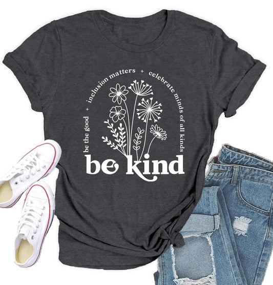 Qskall Womens Be Kind Shirt Kindness T-Shirt Inspirational Teacher Tee Top Grey